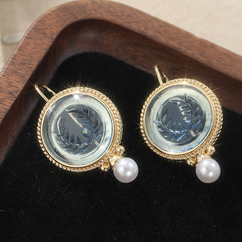 Vintage Intaglio Earrings, Blue Laurel Wreath Design, Wedding Gift